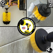 Action shots of a Medium Yellow Original Jumbo brush cleaning a tub, a Medium Yellow 2 inch Short Drillbrush cleaning an overflow plate, and a Medium Yellow 4 inch Drillbrush cleaning tile grout.