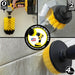Action shots of a Medium Yellow Original Jumbo brush cleaning a tub, a Medium Yellow 2 inch Short Drillbrush cleaning an overflow plate, and a Medium Yellow 4 inch Drillbrush cleaning tile grout.