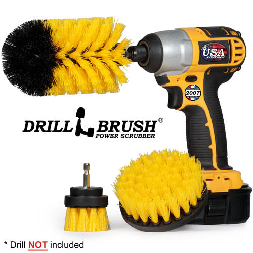 Drillbrush 42J Medium Yellow Bathroom Brush Kit with an Original Jumbo brush in a cordless drill.