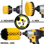Images of the Drillbrush 2 inch Short, 4 inch, and Original Jumbo Medium Yellow Bathroom Brushes in cordless drills.