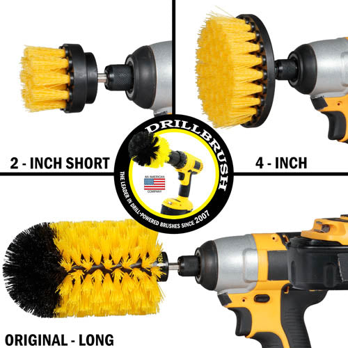 Images of the Drillbrush 2 inch Short, 4 inch, and Original Jumbo Medium Yellow Bathroom Brushes in cordless drills.