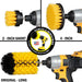 Images of the Drillbrush 2 inch Short, 4 inch, and Original Jumbo Medium Yellow Bathroom Brushes in cordless drills.