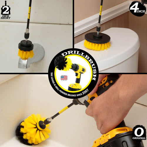 Action shots of a Medium Yellow Original Drillbrush in a 5 inch extension cleaning a tub corner, a Medium Yellow 2 inch Short Drillbrush in a 5 inch extension cleaning an tub faucet, and a Medium Yellow 4 inch Drillbrush in a 5 inch extension cleaning a toilet tank cover.
