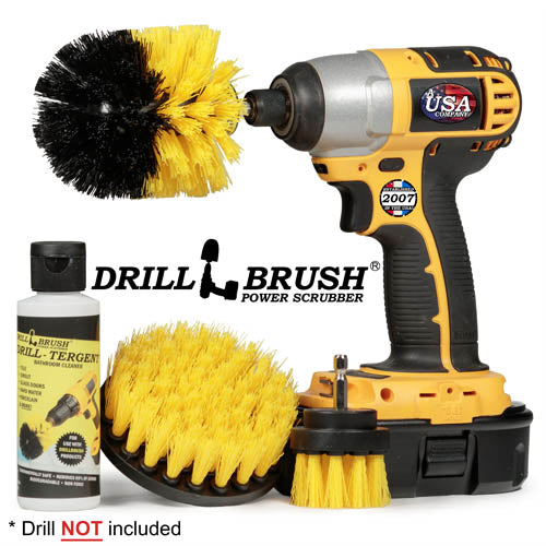 Drill-Tergent Bathroom Cleaner w/ Original, 4in, & 2in Yellow Brushes - Medium Stiffness - Bathroom & Shower Cleaning | Y-S-42O-QC-DB