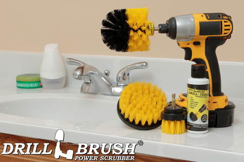 Drill-Tergent Bathroom Cleaner w/ Original, 4in, & 2in Yellow Brushes - Medium Stiffness - Bathroom & Shower Cleaning | Y-S-42O-QC-DB