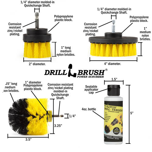 Drill-Tergent Bathroom Cleaner w/ Original, 4in, & 2in Yellow Brushes - Medium Stiffness - Bathroom & Shower Cleaning | Y-S-42O-QC-DB