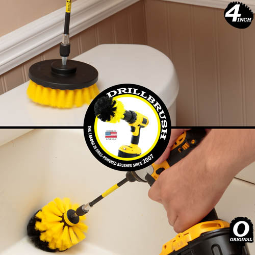 Action shots of a Medium Yellow Original Drillbrush in a 5 inch extension cleaning the corner of a bathtub and a Medium Yellow 4 inch Drillbrush in a 5 inch extension cleaning the top of a toilet tank.
