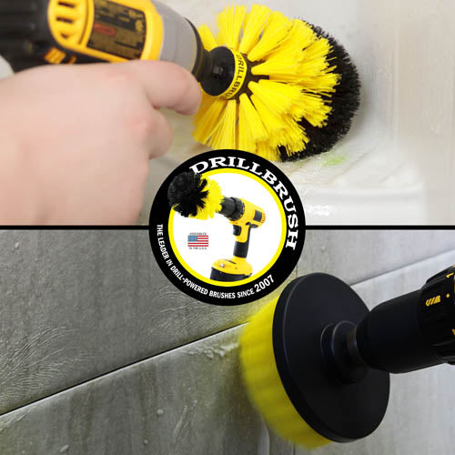 Action shots of a Medium Yellow Original brush cleaning a shower shelf and a Medium Yellow 4 inch Drillbrush cleaning tile grout.