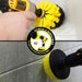 Action shots of a Medium Yellow Original brush cleaning a shower shelf and a Medium Yellow 4 inch Drillbrush cleaning tile grout.