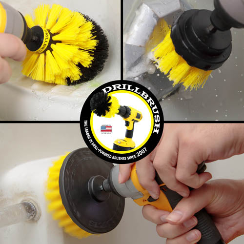 Action shots of a Medium Yellow Original brush cleaning a shower shelf, a Medium Yellow 2 inch Short Drillbrush cleaning an overflow plate, and a Medium Yellow 5 inch Drillbrush cleaning a tub wall.