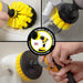 Action shots of a Medium Yellow Original brush cleaning a shower shelf, a Medium Yellow 2 inch Short Drillbrush cleaning an overflow plate, and a Medium Yellow 5 inch Drillbrush cleaning a tub wall.