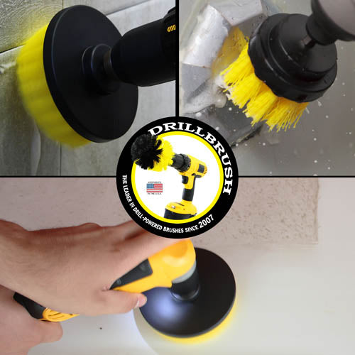 Action shots of a Medium Yellow 2 inch Short Drillbrush cleaning an overflow plate, a Medium Yellow 4 inch Drillbrush cleaning tile grout, and a Medium Yellow 5 inch Drillbrush cleaning a counter top