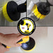 Action shots of a Medium Yellow 2 inch Short Drillbrush cleaning an overflow plate, a Medium Yellow 4 inch Drillbrush cleaning tile grout, and a Medium Yellow 5 inch Drillbrush cleaning a counter top