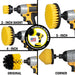 Medium Yellow Original, 4 inch Flat, 5 inch Flat, Cone-shaped Corner, and 2 inch Short Detail Drillbrush brushes each installed on a cordless drill.
