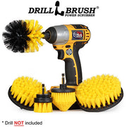 Medium Yellow Original, 4 inch Flat, 5 inch Flat, Cone-shaped Corner, and 2 inch Short Detail Drillbrush brushes pictured with a cordless drill.