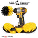 Medium Yellow Original, 4 inch Flat, 5 inch Flat, Cone-shaped Corner, and 2 inch Short Detail Drillbrush brushes pictured with a cordless drill.