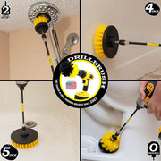 Action shots of a Medium Yellow Original brush in a 7 inch extension cleaning the base of a toilet, a Medium Yellow 2 inch Short Drillbrush in a 7 inch extension cleaning a showerhead, a Medium Yellow 4 inch Drillbrush in a 7 inch extension cleaning the outside of a tub, and a Medium Yellow 5 inch Drillbrush in a 7 inch extension cleaning the floor of a tub.