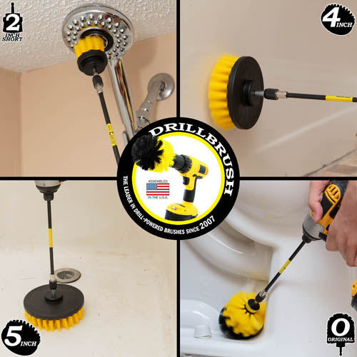 Action shots of a Medium Yellow Original brush in a 7 inch extension cleaning the base of a toilet, a Medium Yellow 2 inch Short Drillbrush in a 7 inch extension cleaning a showerhead, a Medium Yellow 4 inch Drillbrush in a 7 inch extension cleaning the outside of a tub, and a Medium Yellow 5 inch Drillbrush in a 7 inch extension cleaning the floor of a tub.