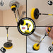 Action shots of a Medium Yellow Original brush in a 7 inch extension cleaning the base of a toilet, a Medium Yellow 2 inch Short Drillbrush in a 7 inch extension cleaning a showerhead, a Medium Yellow 4 inch Drillbrush in a 7 inch extension cleaning the outside of a tub, and a Medium Yellow 5 inch Drillbrush in a 7 inch extension cleaning the floor of a tub.