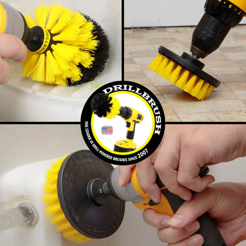 Action shots of a Medium Yellow Original brush cleaning a shower shelf, a Medium Yellow 4 inch Drillbrush cleaning tile grout, and a Medium Yellow 5 inch Drillbrush cleaning a tub wall.