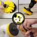 Action shots of a Medium Yellow Original brush cleaning a shower shelf, a Medium Yellow 4 inch Drillbrush cleaning tile grout, and a Medium Yellow 5 inch Drillbrush cleaning a tub wall.