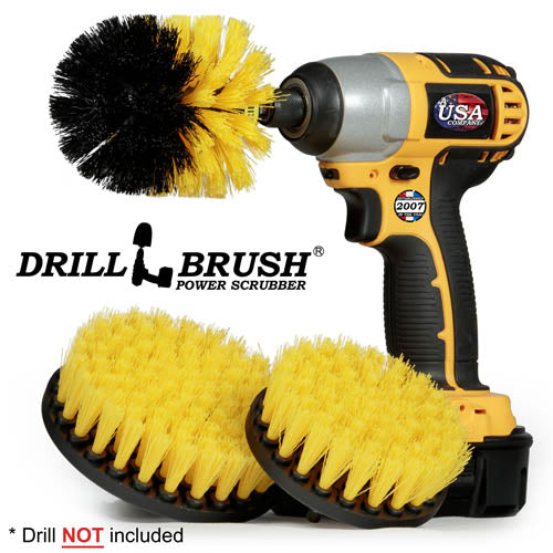 Drillbrush 54O Medium Yellow Bathroom Brush Kit with an Original brush in a cordless drill.