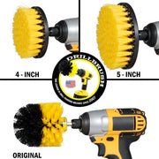 Images of the Drillbrush 4 inch, 5 inch, and Original Medium Yellow Bathroom Brushes in cordless drills.