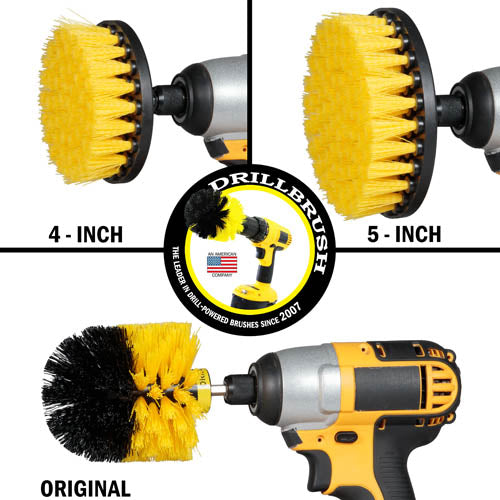 Images of the Drillbrush 4 inch, 5 inch, and Original Medium Yellow Bathroom Brushes in cordless drills.