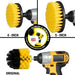 Images of the Drillbrush 4 inch, 5 inch, and Original Medium Yellow Bathroom Brushes in cordless drills.