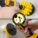 Action shots of a Medium Yellow Original brush cleaning a shower shelf and a Medium Yellow 5 inch Drillbrush cleaning a tub wall.