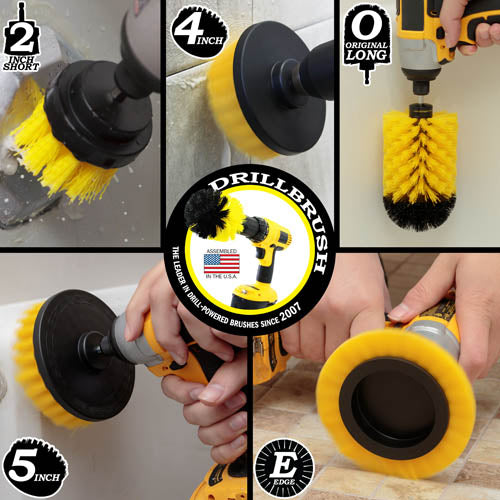 Action shots of a Medium Yellow Original Jumbo brush cleaning a tub, a Medium Yellow Edge Drillbrush cleaning tile floor, a Medium Yellow 2 inch Short Drillbrush cleaning an overflow plate, a Medium Yellow 4 inch Drillbrush cleaning tile grout, and a Medium Yellow 5 inch Drillbrush cleaning a tub wall.
