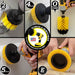 Action shots of a Medium Yellow Original Jumbo brush cleaning a tub, a Medium Yellow Edge Drillbrush cleaning tile floor, a Medium Yellow 2 inch Short Drillbrush cleaning an overflow plate, a Medium Yellow 4 inch Drillbrush cleaning tile grout, and a Medium Yellow 5 inch Drillbrush cleaning a tub wall.