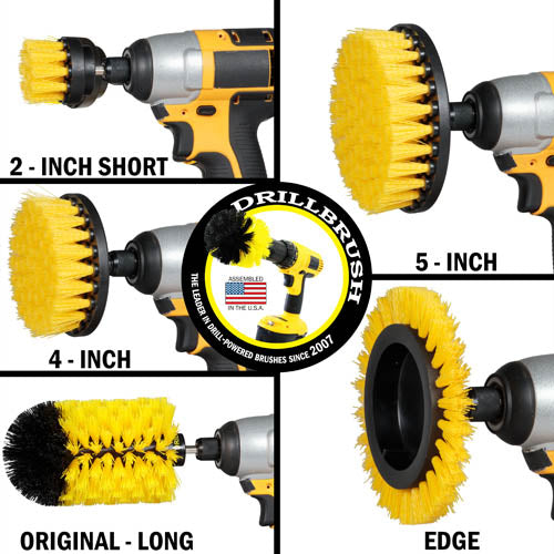 Images of the Drillbrush 2 inch Short, 4 inch, 5 inch, Edge, and Original Jumbo Medium Yellow Bathroom Brushes in cordless drills.