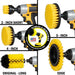 Images of the Drillbrush 2 inch Short, 4 inch, 5 inch, Edge, and Original Jumbo Medium Yellow Bathroom Brushes in cordless drills.
