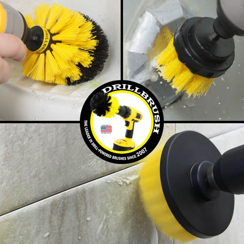 Action shots of a Medium Yellow Original brush cleaning a shower shelf, a Medium Yellow 2 inch Short Drillbrush cleaning an overflow plate, and a Medium Yellow 4 inch Drillbrush cleaning tile grout.