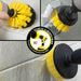 Action shots of a Medium Yellow Original brush cleaning a shower shelf, a Medium Yellow 2 inch Short Drillbrush cleaning an overflow plate, and a Medium Yellow 4 inch Drillbrush cleaning tile grout.