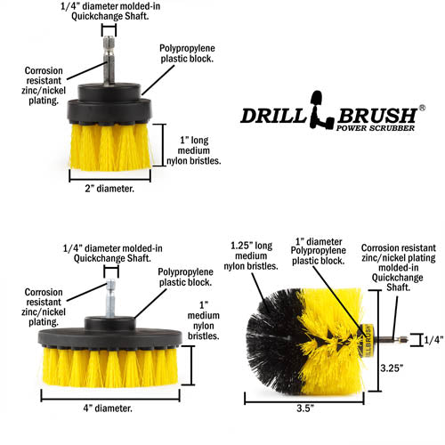 Specs for the Drillbrush 42O Medium Yellow Bathroom Brush Kit.
